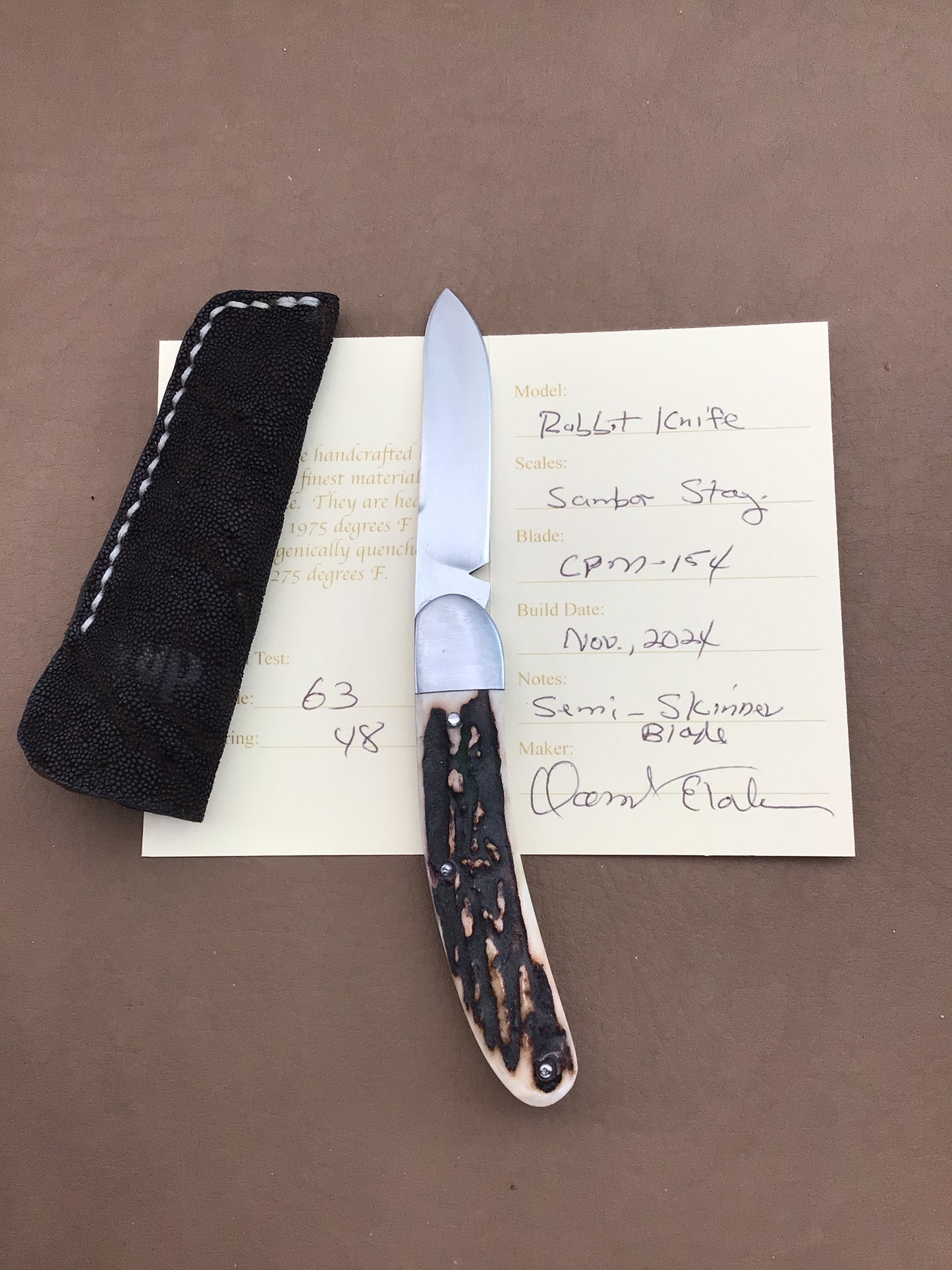 David “dr.t” Taber “T Bose pattern” Rabbit Knife with really nice Sambar Stag Scales