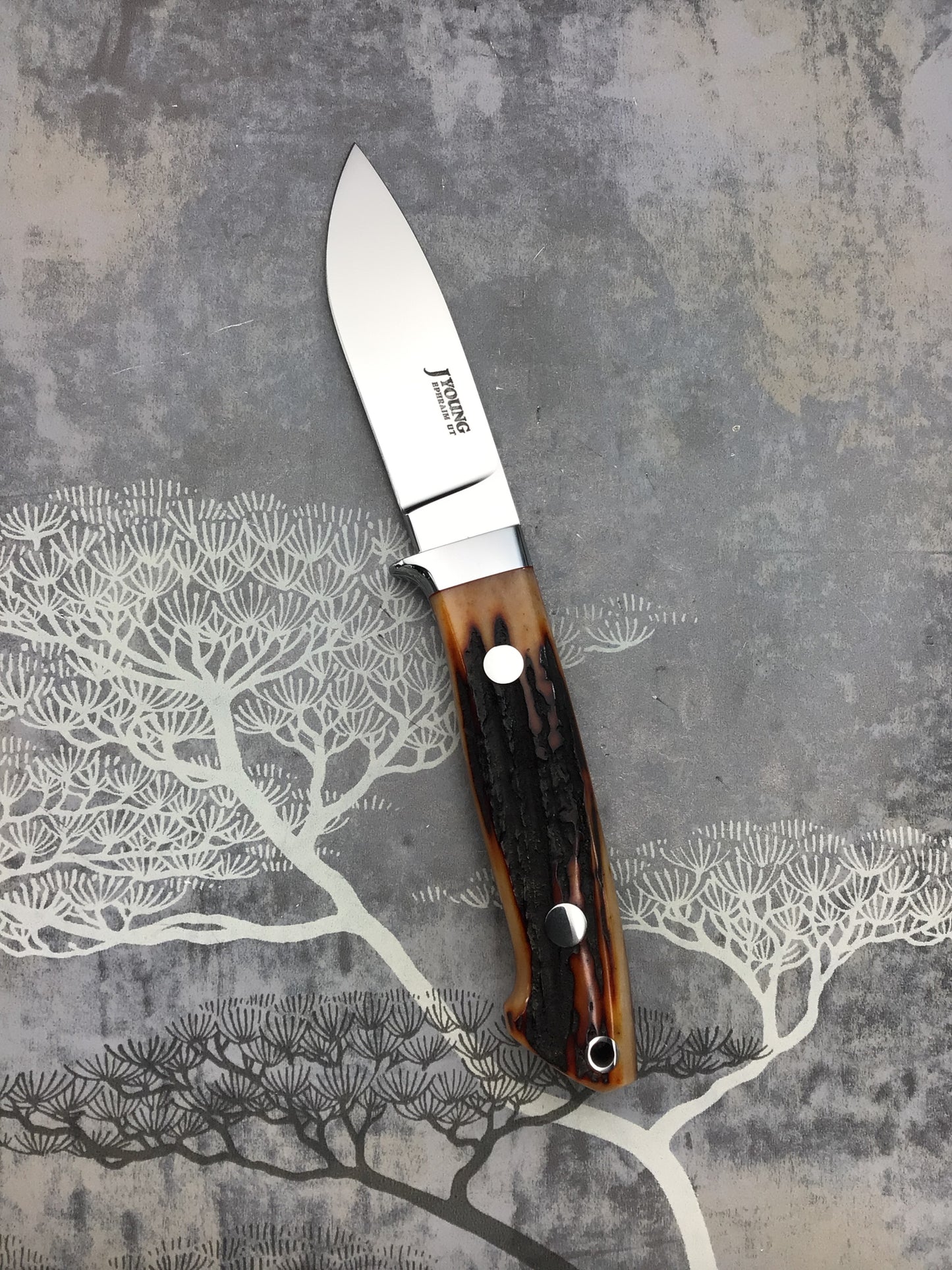 John Young “Loveless Style” Drop Point Hunter with Amber Sambar Stag Scales